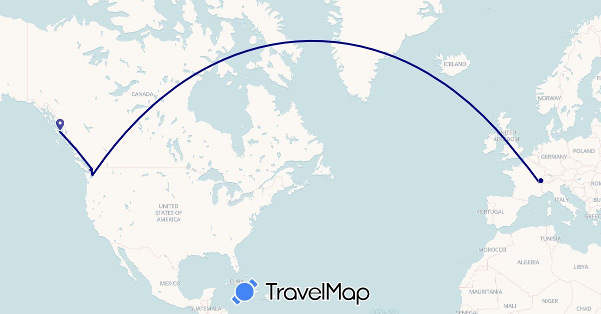TravelMap itinerary: driving in Switzerland, United Kingdom, United States (Europe, North America)